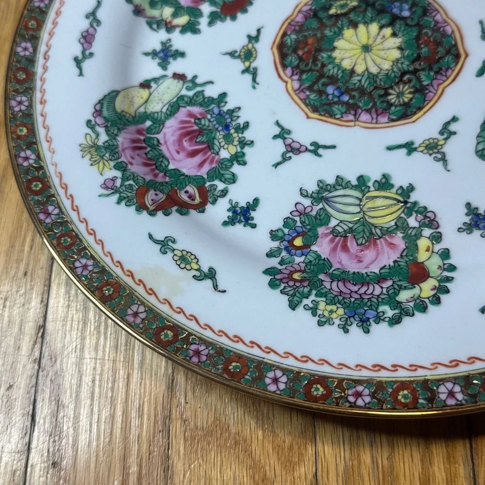 Vintage Hand Painted Chinese Famille Rose Porcelain Plate Gold Rim Floral 10in - Picture 2 of 8
